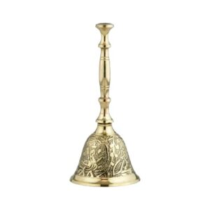 KindredHomes Brass Embossed Bell for Pooja – Traditional Indian Prayer Ghanti with Intricate Deity Design – Ideal for Mandir, Aarti & Home Decor (Large 8x8x23 cm)