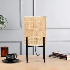 KindredHomes Handwoven Cane Table Lamp with Black Metal Stand | Natural Wicker Night Light | Boho Rustic Bedside Lamp for Living Room Bedroom Office | Compact Eco-Friendly Dcor