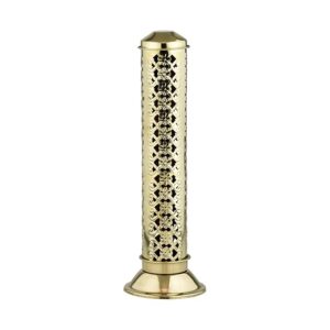 KindredHomes Brass Cylindrical Agarbatti Stand | Decorative Incense Stick Holder with Lid | Floral Cutwork Design | Ash Catcher | Ideal for Puja, Home & Office Decor (Flower Design02)