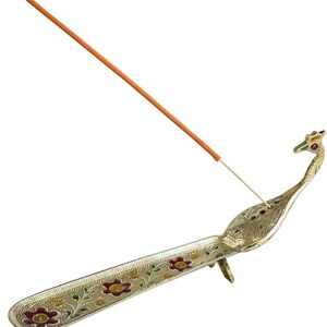 KindredHomes Brass Peacock Agarbatti Stand | Decorative Incense Holder for Home Temple & Office | Handcrafted Floral Design | Ash Catcher | 10 Inch (Gold Mina Work)