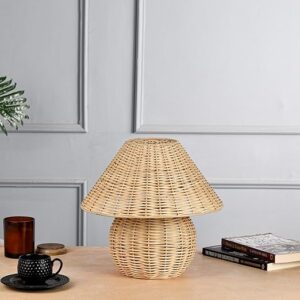 KindredHomes Round Rattan Table Lamp | Handwoven Cane Accent Light | Rustic Boho Lamp for Living Room Bedroom Bedside or Office Decor