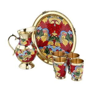 KindredHomes Brass 6-Piece Dinner Set with Meenakari Enamel Work – Jug, Tray & 4 Glasses – Handcrafted Traditional Tableware – Multicolor Paisley on Gold Finish (Multicolor04)