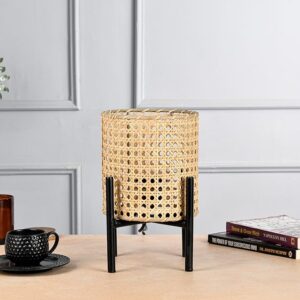 KindredHomes Cane Table Lamp with Black Metal Stand | Handwoven Rattan Night Lamp | Boho Rustic Bedside Accent Light for Living Room Bedroom or Study