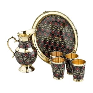 KindredHomes Brass 6-Piece Dinner Set with Meenakari Enamel Work – Jug, Tray & 4 Glasses – Handcrafted Traditional Tableware – Multicolor Paisley on Gold Finish (Multicolor03)
