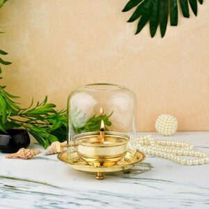 KindredHomes Brass Akhand Jyot Diya with Borosilicate Glass Cover for Pooja | Traditional Eternal Flame Lamp for Home Temple | Oil Lamp with Glass Chimney (Gold Finish)