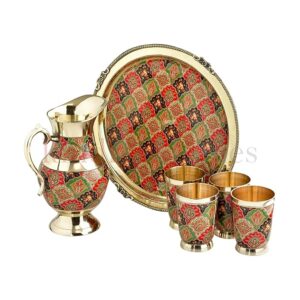 KindredHomes Brass 6-Piece Dinner Set with Meenakari Enamel Work – Jug, Tray & 4 Glasses – Handcrafted Traditional Tableware – Multicolor Paisley on Gold Finish (Multicolor02)