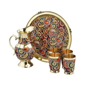 KindredHomes Brass 6-Piece Dinner Set with Meenakari Enamel Work – Jug, Tray & 4 Glasses – Handcrafted Traditional Tableware – Multicolor Paisley on Gold Finish (Multicolor01)