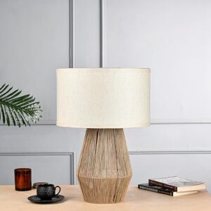 KindredHomes Twine-Wrapped Geometric Table Lamp with Fabric Shade | Rustic Modern Lighting for Bedroom, Living Room & Study | Handcrafted Home Decor