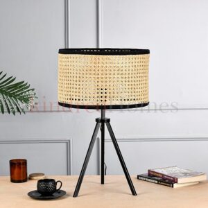 KindredHomes Tripod Table Lamp with Handwoven Cane Shade | Natural Rattan Lampshade for Bedroom, Living Room & Study | Modern Home Decor Lighting
